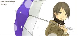  1girl :d androgynous black_scarf brown_eyes brown_hair coat long_sleeves looking_at_viewer open_mouth original scarf simple_background smile solo umbrella upper_body white_background yoshito 