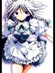  1girl blue_eyes braid female izayoi_sakuya maid mashiroyu short_hair solo touhou twin_braids white_hair 