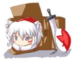  animal_ears box dog_ears female inubashiri_momiji lowres r_pascal shield sleepy sword touhou weapon white_hair wolf_ears 