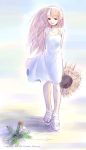  1girl dandelion dress flower full_body hat holding holding_hat long_hair naruse_chisato original pink_hair sandals solo sundress 