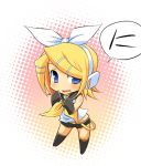  1girl arm_warmers belt black_boots black_shorts blonde_hair blue_eyes blush boots bow chibi full_body hair_ornament hair_ribbon hairclip headphones hermmy kagamine_rin looking_at_viewer open_mouth ribbon sailor_collar short_hair shorts sleeveless solo speech_bubble standing vocaloid white_blouse white_bow 