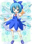  (9) 1girl blue_eyes blue_hair cirno dress female full_body jpeg_artifacts michii_yuuki phantasmagoria_of_flower_view pointing ribbon solo touhou wings 