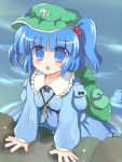  1girl :o backpack bag blue_dress blue_eyes blue_hair collar dress female hair_bobbles hair_ornament jewelry kawashiro_nitori key long_sleeves looking_at_viewer necklace open_mouth partially_submerged pendant pocket river ry solo touhou two_side_up upper_body water wet wet_clothes wet_dress 