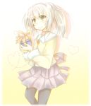  1girl furui_suguri gift holding holding_gift pantyhose ponytail solo white_hair yellow_eyes 