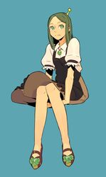  1girl antennae closed_mouth dress expressionless eyebrows green_eyes green_hair jewelry long_hair original pendant puffy_short_sleeves puffy_sleeves ryo_chimo shoes short_sleeves simple_background sitting solo 