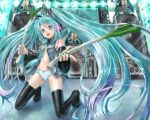  bad_id bare_shoulders boots detached_sleeves green_eyes green_hair hatsune_miku headset kneeling long_hair necktie open_clothes open_shirt panties phase shirt spring_onion striped striped_panties thigh-highs thigh_boots twintails underwear very_long_hair vocaloid 