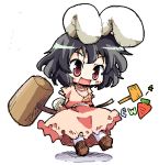  1girl :d animal_ears black_hair blush carrot_necklace dress female full_body hammer herada_mitsuru inaba_tewi open_mouth pink_dress puffy_short_sleeves puffy_sleeves rabbit_ears red_eyes short_hair short_sleeves simple_background smile solo standing touhou white_background 