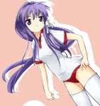  buruma clannad fujibayashi_kyou gym_uniform hair_ribbon ixy long_hair purple_hair ribbon thigh-highs violet_eyes 