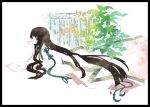  1girl arachnid bangs black_eyes black_hair border chin_rest japanese_clothes kimono long_hair lying on_stomach original palmeros plant silk smile solo spider spider_web tassel very_long_hair 