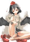  1girl barefoot black_hair black_wings boots female hat looking_at_viewer red_eyes shameimaru_aya shoes_removed short_hair sitting smile solo tokin_hat touhou wings yohane 