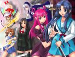  00s 6+girls asakura_ryouko billhook bow crazy crossover dark_dream flandre_scarlet half_updo hatchet highres higurashi_no_naku_koro_ni katsura_kotonoha knife laevatein multiple_crossover multiple_girls precure red_bow rozen_maiden ryuuguu_rena saw_sword school_days suigintou suzumiya_haruhi_no_yuuutsu sword touhou trait_connection weapon wings yandere yaso_shigeru yes!_precure_5 