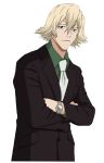  black_eyes bleach blonde_hair crossed_arms formal male_focus necktie suit urahara_kisuke watch watch 