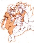  3girls :3 animal_ears bow cat_ears chado chen dress female fox_tail gradient gradient_background hat heart lap_pillow long_hair monochrome multiple_girls multiple_tails open_mouth orange_(color) ribbon sepia short_hair sleeping smile tail touhou yakumo_ran yakumo_yukari 