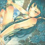  1girl bare_arms blue_eyes blue_hair body_blush expressionless flower from_above hydrangea lowres original pointy_ears shabon solo 