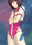  1girl bob_cut brown_eyes brown_hair crossed_arms gunbuster_pose headband highres leotard short_hair sky solo star star_(sky) starry_sky takaya_noriko tanaka_hirotaka top_wo_nerae! 