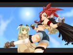  3girls aisaka_sayo asakura_kazumi boots breasts camera cape chibi denim denim_shorts doll green_eyes hair_ornament hairclip haruka_shiya karakuri_chachamaru looking_back mahou_sensei_negima! multiple_girls redhead robot_ears shorts sun thigh-highs under_boob 