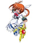  1girl :d bow bowtie dress fingerless_gloves gloves holding holding_weapon kei_(fortune) long_sleeves lyrical_nanoha magazine_(weapon) magical_girl mahou_shoujo_lyrical_nanoha mahou_shoujo_lyrical_nanoha_a&#039;s open_mouth polearm raising_heart red_bow red_bowtie redhead rod smile solo sphere staff takamachi_nanoha twintails violet_eyes weapon white_dress 