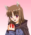  1girl animal_ears apple blush brown_hair fang food fruit gradient gradient_background holding holding_fruit holo long_hair open_mouth pink_background sinko solo spice_and_wolf upper_body wolf_ears 