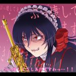  1girl april_(coyote_ragtime_show) background_text black_hair constricted_pupils coyote_ragtime_show gloves grin gun hair_ribbon hairu handgun headdress lipstick long_hair makeup pistol red_eyes ribbon smile solo text translation_request weapon 