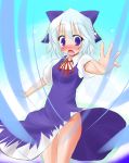  1girl blush cirno dress female gradient gradient_background hair_ribbon no_panties ribbon scarlet_(studioscr) skirt skirt_lift solo tears thighs touhou violet_eyes white_hair 