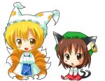  2girls animal_ears blonde_hair brown_eyes brown_hair cat_ears cat_tail chen chibi earrings female fox_tail hands_in_sleeves hat jewelry long_sleeves lowres michii_yuuki multiple_girls multiple_tails pillow_hat short_hair tail tassel touhou white_background wide_sleeves yakumo_ran yellow_eyes 