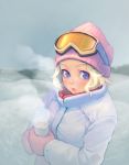  1girl blonde_hair blue_eyes coat goggles lowres outdoors skis sky snow solo weno weno&#039;s_blonde_original_character winter 