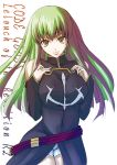  1girl breast_squeeze breasts c.c. code_geass detached_sleeves elbow_gloves gloves green_hair hybrid-rainbow ihara_natsume long_hair short_pants short_shorts shorts solo yellow_eyes 