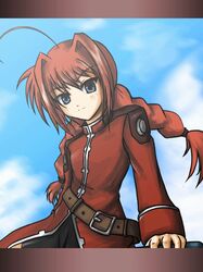  1girl ahoge belt blue_eyes blue_sky braid buckle day dress letterboxed long_hair looking_at_viewer lyrical_nanoha mahou_shoujo_lyrical_nanoha mahou_shoujo_lyrical_nanoha_a&#039;s mahou_shoujo_lyrical_nanoha_strikers red_dress redhead sky solo twin_braids very_long_hair vita 