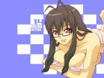  antenna_hair bare_shoulders bikini brown_hair glasses haruka_shiya lying mahou_sensei_negima! pink_eyes saotome_haruna swimsuit tongue 