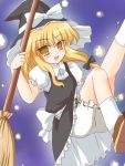  1girl blonde_hair bloomers broom dress female gradient gradient_background hair_ribbon hat kirisame_marisa outdoors ribbon ry sky solo touhou underwear witch witch_hat yellow_eyes 
