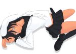  1girl :o arched_back arms_up black_hair kiriman_(souldeep) kneehighs loafers long_sleeves lying miniskirt navel neckerchief on_back original parted_lips pleated_skirt school_uniform serafuku shoes simple_background skirt solo white_background white_pupils 