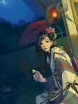  1girl black_hair brown_eyes chinese_lantern crescent_moon dutch_angle fireflies firefly flower fountain hair_flower hair_ornament japanese_clothes kimono lantern lotus magic moon night night_sky oriental_umbrella original outdoors paper_lantern parasol plant potted_plant shuka_(taupe) sitting sky solo umbrella veranda wind_chime 