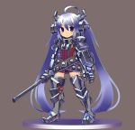  1girl ahoge armor armored_boots armored_dress belt blush boots brown_background buckle chan_co dress fantasy gauntlets gun holding holding_weapon looking_at_viewer original red_dress rifle shoulder_pads silver_hair simple_background solo standing thigh-highs thigh_boots violet_eyes weapon 