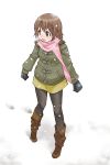  1girl black_gloves black_legwear boots brown_eyes brown_hair full_body gloves mattaku_mousuke original pantyhose pink_scarf scarf short_hair snow solo 