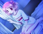  1girl :d barefoot bed blush bottomless curtains dark double_bun dutch_angle ever_17 feet flat_chest hair_bobbles hair_ornament kneeling min night night_sky open_mouth pink_eyes pink_hair shirt short_hair short_twintails sitting sky smile solo star striped striped_shirt twintails violet_eyes window yagami_coco 