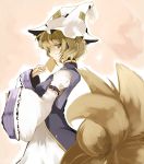  1girl aburaage blonde_hair dress expressionless female food fox_tail frills from_side hat long_sleeves looking_at_viewer looking_to_the_side mob_cap multiple_tails ofuda pillow_hat profile short_hair sleeves_past_wrists solo tabard tail takaharu tassel touhou white_dress wide_sleeves yakumo_ran 