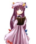  1girl book bow crescent female hat long_hair nu_(plastic_eraser) open_book patchouli_knowledge pink_bow purple_hair reading sleeves_past_wrists solo touhou violet_eyes 