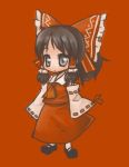  1girl bad_id black_hair chibi detached_sleeves female grey_eyes hair_tubes hakurei_reimu japanese_clothes kou_(garakuta_teikoku) miko perfect_cherry_blossom red red_background solo touhou 