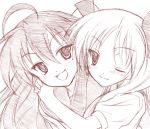  2girls hiiragi_kagami hug izumi_konata lucky_star monochrome multiple_girls one_eye_closed red sketch wink 