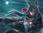  1girl animal_ears bad_id breasts heterochromia knife large_breasts moon night sanbasou solo sword weapon wind 