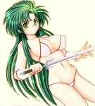  1girl bikini golden_axe green_hair jochuu-san lowres micro_bikini oekaki original solo swimsuit weapon yagisaka_seto 