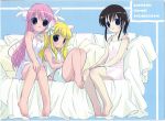  3girls animal_ears bare_legs barefoot black_hair blonde_hair blue_eyes blush brown_hair bunny_hair_ornament camisole cat_ears collarbone dress feet hair_ornament knees_up long_hair looking_at_viewer misha misha_(pita_ten) multiple_girls pajamas panties pink_hair pita_ten ponytail shia shia_(pita_ten) sidelocks sitting spaghetti_strap tareme toes uematsu_koboshi underwear very_long_hair white_dress 