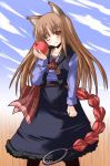  1girl animal_ears apple clouds fang food fruit holding holding_fruit holo one_eye_closed shinshin solo spice_and_wolf wolf_ears 