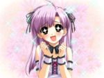  +_+ 1girl :d blush boy_meets_girl breasts brown_eyes happiness! long_hair open_mouth purple_hair ribbon shingyouji_mao small_breasts smile solo sparkle two_side_up 