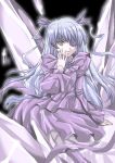  00s 1girl barasuishou crystal doll dress eyepatch flower flower_eyepatch hair_ribbon hand_on_own_face long_sleeves looking_at_viewer lowres midori_(searchlight) parted_lips purple_dress ribbon rose rozen_maiden silver_hair sitting solo twintails yellow_eyes 