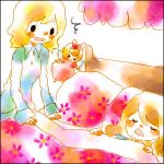  2girls :d :o alice_margatroid bed bed_sheet blanket blonde_hair blush buttons female floral_print kirisame_marisa long_sleeves lowres lying mana_(artist) multiple_girls on_back on_bed open_mouth pajamas pillow shanghai_doll sleeping smile squiggle standing touhou upper_body wavy_mouth yuri 