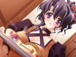  1girl blush breasts carnelian cleavage dutch_angle ena ena_(quilt) food game_cg hair_ornament purple_hair quilt quilt_(game) sandwich short_hair solo tray violet_eyes 