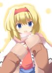  1girl :d alice_margatroid blonde_hair blue_eyes coat female fur_trim kugui_kiyunemu long_sleeves looking_at_viewer necktie open_mouth red_necktie red_scarf scarf short_hair simple_background smile solo touhou uppercut white_background winter_clothes winter_coat 