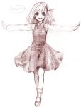  1girl bobby_socks dress female graphite_(medium) hair_ribbon is_that_so mary_janes monochrome open_mouth outstretched_arms ribbon rumia shoes sketch smile socks solo spread_arms the_embodiment_of_scarlet_devil touhou traditional_media usa_(artist) usaki_(ama) youkai 