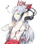  1girl bow closed_eyes female fujiwara_no_mokou hair_bow headphones listening_to_music long_hair musical_note quaver silver_hair simple_background smile solo suspenders touhou white_background 